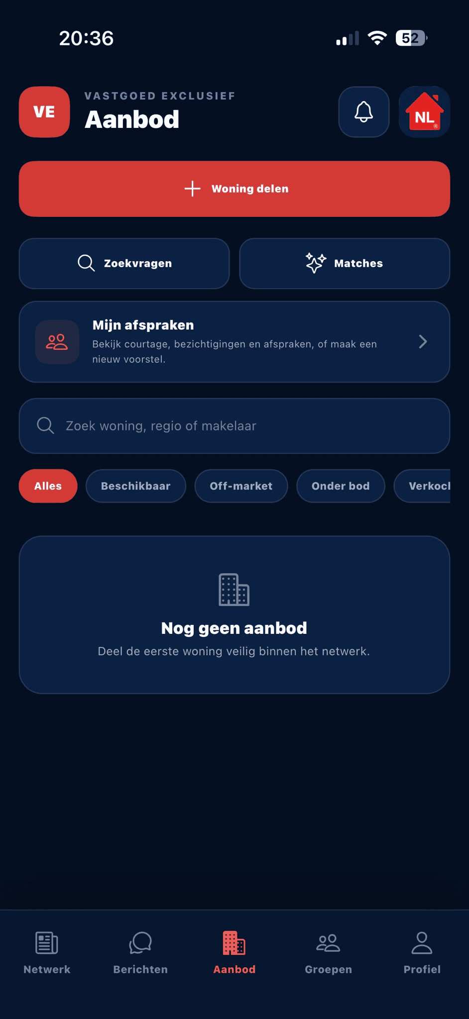 Aanbodscherm met woning delen, zoekvragen, matches en afspraken