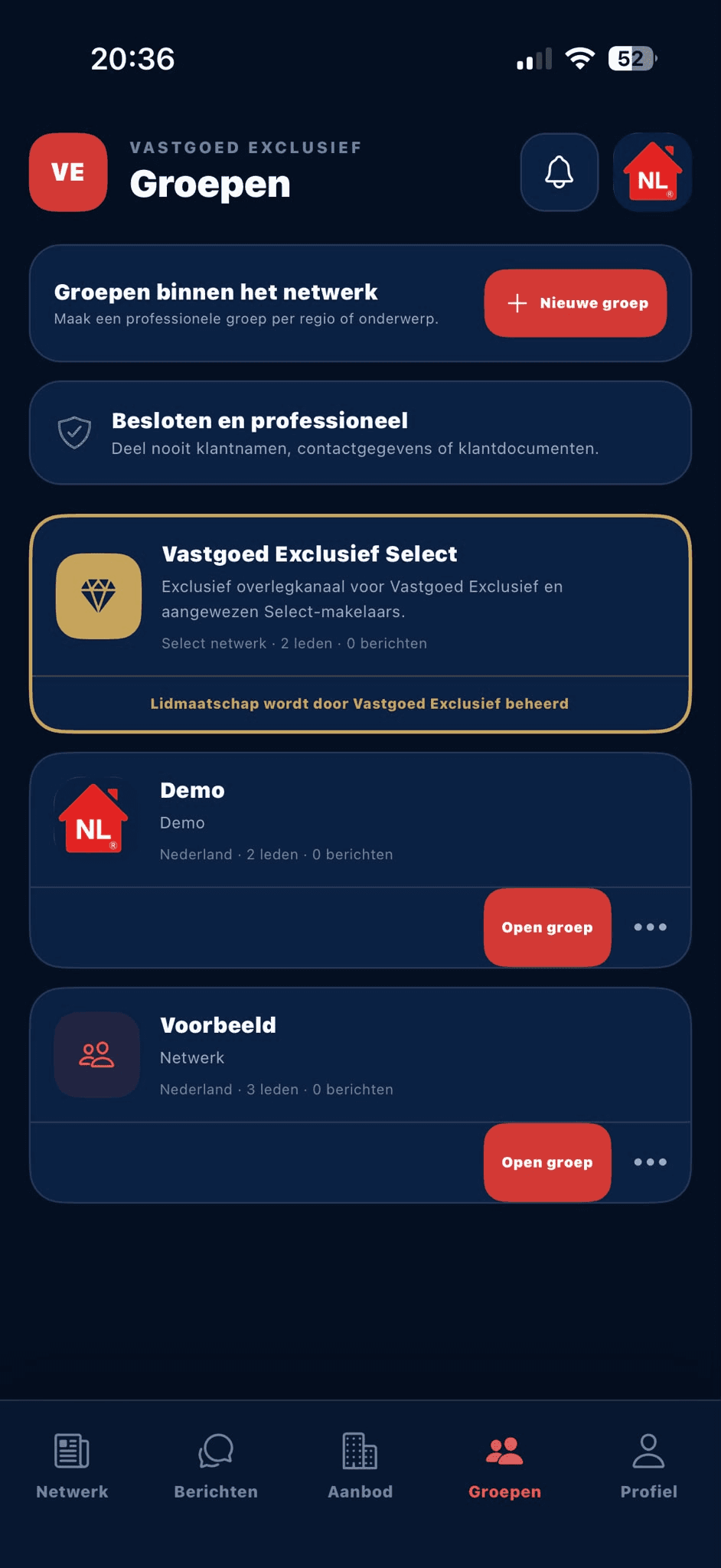 Groepenscherm met professionele makelaarsgroepen